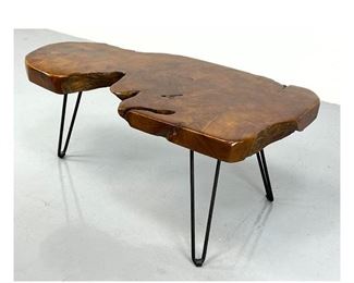 Lot 1024 Natural Wood Tree Slab Top Table. Black Iron Hairpin Legs. Freeform edge. 