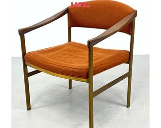 Lot 1028 GUNLOCKE Bronze Frame Modernist Arm Chair. Wood Paddle Arm Rests. Tweed Fabric. Label. 