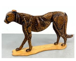 Lot 1038 Jaguar Wood Figural Sculpture. Pieced Wood Elements. Animal Accents. 