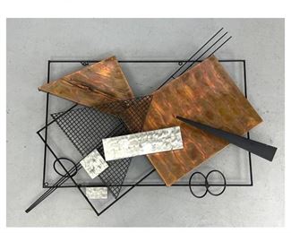 Lot 1055 Modernist Mixed Metals Wall Sculpture. Coper, Steel and Black Finish Elements. 