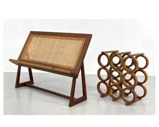 Lot 1060 2pcs. American Mid Century Modern Walnut and Cane Magazine Stand and Wine Rack