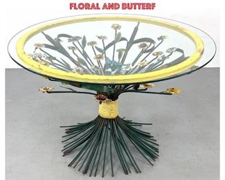 Lot 1066 Italian Tole Ware Glass Top Metal Side Table 2. Corseted metal form with painted floral and butterf