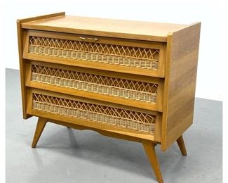 Lot 1067 French Woven Rattan Front 3 Drawer Chest Dresser. 