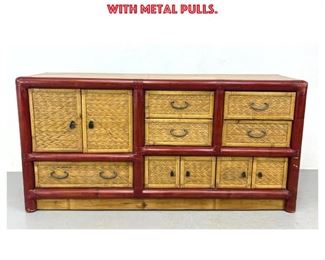 Lot 1076 Asian Style Bamboo Credenza Cabinet. Red Painted Bamboo Frame. Woven rattan facade with metal pulls.