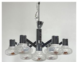Lot 1099 MAZZEGA Chrome and Blown Glass Chandelier. Missing Central Globe.