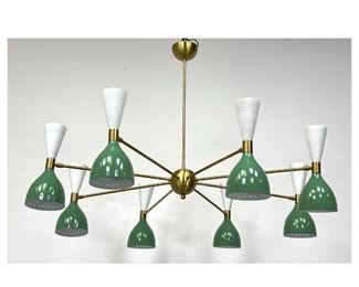 Lot 1100 Large Stilnovo style Chandelier 8 shades. Green and white. Brass center. Unmarked. 
