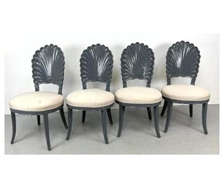 Lot 1110 Set 4 Carved Shell Back Wood Dining Side Chairs. High Gloss Gray Paint Finish. 
