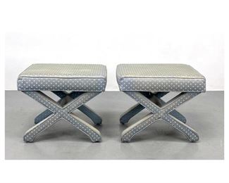 Lot 1124 Pr Upholstered Billy Baldwin style Benches Stools. X bases. 