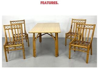 Lot 1126 5pc Bamboo Rattan Cafe Dining set. Table with Laminate Top. Four Side Chairs with X Design Features.