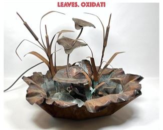 Lot 1144 Artisan Copper Floral Sculptural Water Fountain. Bowl form with copper lily pads and leaves. Oxidati