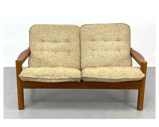 Lot 1146 Danish Modern Teak frame Love Seat. Tufted Oatmeal Fabric Cushions. 