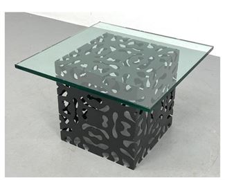 Lot 1148 Tri mark glass and metal side table. Openwork cut design. 