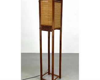 Lot 1150 Asian style Square Column Wood Lamp. Woven Screen Shades. Carved Face Panel. 