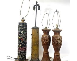 Lot 1159 Lot of 4 Table Lamps. Two Wallpaper Roll Lamps. Pr Carved wood urn form lamps