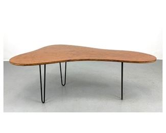 Lot 1166 Kidney shaped cocktail table. Hairpin iron legs. Laminate top. 