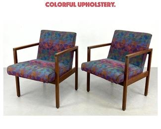 Lot 1168 Pr KNOLL American Modern Open Arm Chairs. Simple Wood Frame with Kaleidoscopic Colorful Upholstery. 