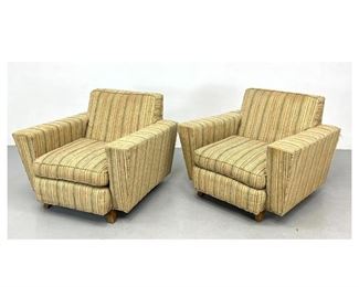Lot 1171 Pr Striped Upholstery Modernist Lounge Chairs. Wide Angled Arms. Short wood feet.