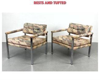 Lot 1179 Pr Modernist Flat Chrome Frame Lounge Chairs. Milo Baughman Style. Upholstered Arm Rests and Tufted 