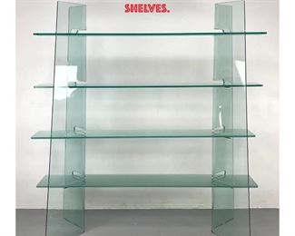 Lot 1181 Stylish Modernist Glass Shelf Unit. Two Curved Glass Uprights support 4 Frosted Glass Shelves. 