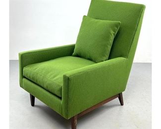Lot 1185 Green Fabric Modernist Lounge Chair. Wood Legs. Toss Pillow. 