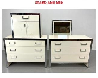 Lot 1191 4pc JOHN STUART White Laminate Chrome Bedroom Set. Pr Bachelors ChestsDressers, Night Stand and Mir