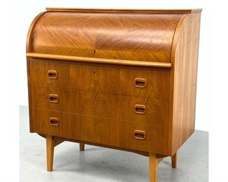 Lot 1195 Danish Modern Teak Roll Top Desk. Three Lower Drawers. Paper Label ISM in Circle. 