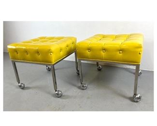 Lot 1215 Pair 70s Modernist Rolling Stool Ottomans. Tufted yellow vinyl. 