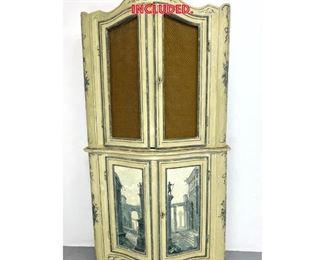 Lot 1216 Paint decorated 2 part Italian provincial cabinet with mesh doors. Key included. 