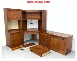 Lot 1217 STICKLEY Oak Corner Sectional Desk and Storage Units. Two Low Cabinets. Two Tall Units including cor