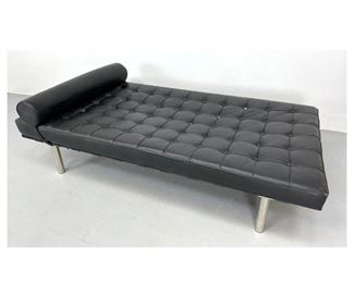 Lot 1241 Mies van der Rohe style Leather Daybed. Chaise Lounge. Wood frame with chrome legs.