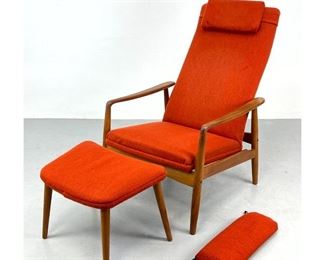 Lot 1244 Danish Modern teak lounge chair. With ottoman. 2 stage recliner. 