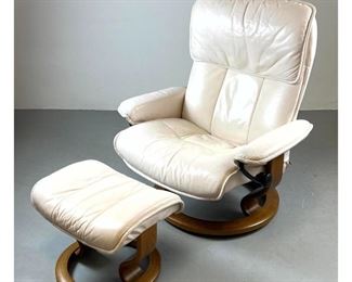 Lot 1248 Pr EKORNES Stressless Recliner and Ottoman. Cream Leather on Wood Bases. Marked. 