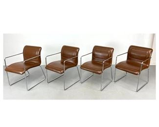 Lot 1249 Set 4 Thin Chrome Tube Frame Dining Chairs. Brown Vinyl Seats. Label. 