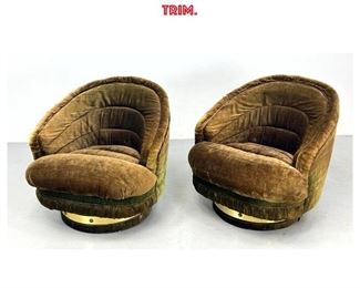 Lot 1258 Pr Brown Upholstered Slouchy Lounge Chairs. . Overstuffed seats Studded Metal Band Trim. 