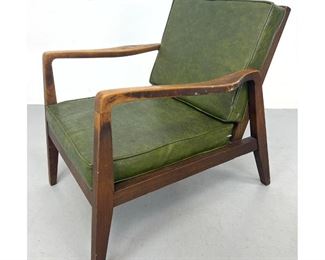 Lot 1285 Open Arm Wood Frame Lounge Chair. Green Vinyl Upholstered Cushions. Angled Back