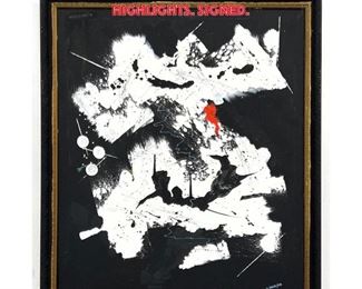Lot 1295 DENNIS SAKELSON Large Abstract Acrylic Painting. Black ground with white and red highlights. Signed.