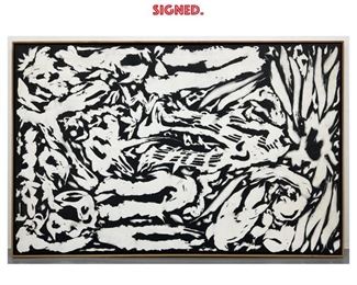 Lot 1296 DENNIS SAKELSON Extra Large Abstract Painting. Black and White Acrylic on Canvas. Signed. 