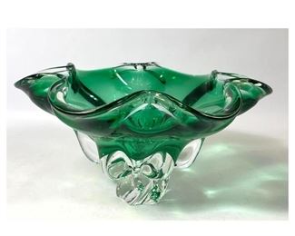 Lot 1322 Italian Murano Art Glass Bowl. Green with clear base.