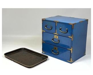 Lot 1333 2pcs Blue Asian style jewelry cabinet and Cloisonne tray