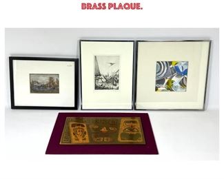 Lot 1336 4pc Modernist Art. 3 pieces signed and framed under glass. One engraved and colored brass plaque.
