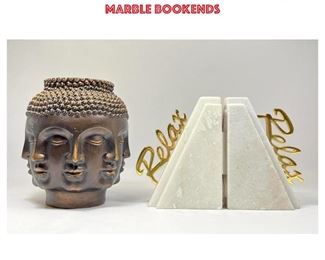 Lot 1341 Modern Design Lot. Buddha Multi Head Vase Planter made of resin composition. 2. Pr Marble Bookends 