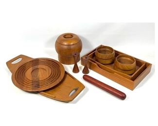 Lot 1345 Mid Century Modern Teak lot includes Dansk tray and spherical ice bucket