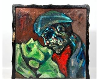 Lot 1344 Double Portrait Painting. Two Men wearing hats. Painting on wood. 