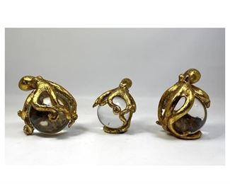 Lot 1348 Set 3 Glass Ball and Octopus sculpture paperweights. Resin and glass. 