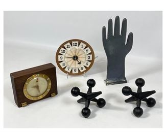 Lot 1354 Mid Century Modern lot. Hand mold, Clocks and metal jacks