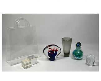 Lot 1357 Mid Century Modern Lot. Lucite purse magazine rack, Art Glass, Lucite cubes, etc.