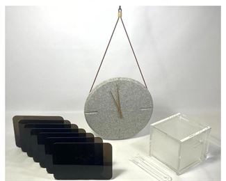 Lot 1358 Mid Century Modern Lot. Lucite ice bucket with tongs, hanging clock, organizer. 