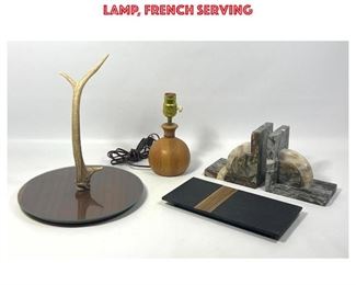 Lot 1360 Mid Century Modern Lamp. Evans slate cutting board, bookends, small wood table lamp, French serving 