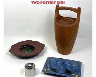 Lot 1366 4pc Modern Design Collection. DANSK IHQ Teak Ice Bucket with chips. OLIVETTI Metal. Two Pottery Dish