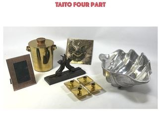Lot 1370 Collection Modern design Metals Lot. Large shell form Serving bowl. Cat bookends. OY TAITO Four part